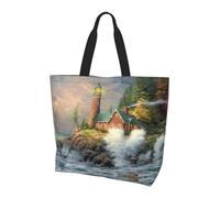 Coast Wave and Lighthouse Printed Tote Bag - Shoulder Bag - Travel Yoga Beach Shopping Commute - Gift for Men Women