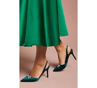 Coast Wide Fit Scarlett Satin Diamante Bow Brooch Slingback High Stiletto Heel Court Shoes, 4, Emerald