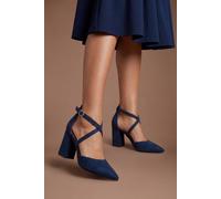 Coast Wide Fit Treat Faux Suede Cross Strap Pointed Block Heel Court Shoes In Navy navy