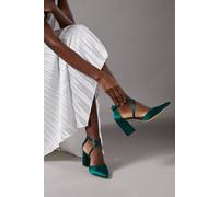 Coast Women's Wide Fit Treat Satin Cross Strap Pointed Block Heel Court Shoes in Emerald | Size: 3