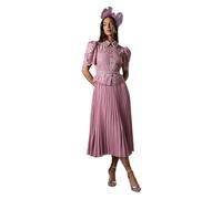 Coast Women’s Lace Top Pleated Short Sleeve Jewel Button Midi Formal Flowing Pleated Skirt Sophisticated Collared Neck Dress, Midi Length, Pleated Pink
