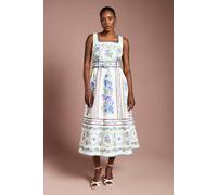 Coast Women's Belted Floral Placement Print Full Skirted Cotton Midi Dress in Ivory | Size: 14 Coast Ivory 14