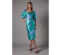 Coast Women's Bubble Sleeve Jacquard Dress in Green | Size: 14 Coast Green 14