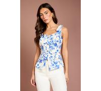 Coast Women's Cotton Twill Diamante Button Detail Printed Top in Blue | Size: 18 Coast Blue 18