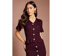 Coast Women's Diamante Button Detail 3/4 Flare Sleeve Knitted Top in Fig | Size: Small
