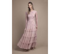 Coast Women's Embellished Artwork Long Sleeve Tiered Bridesmaid Maxi Dress in Dusty Rose | Size: 12