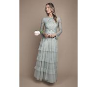 Coast Women's Embellished Artwork Long Sleeve Tiered Bridesmaid Maxi Dress in Sage | Size: 14