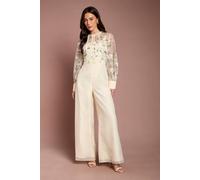 Coast Women's Embroidered Floral Mesh Long Sleeve Jumpsuit in Ecru | Size: 14