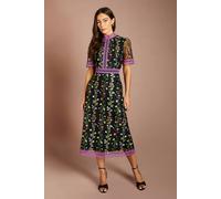 Coast Women's Embroidered Mesh Lace Trim Short Sleeve Midi Dress in Purple | Size: 14