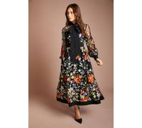 Coast Embroidered Mesh Long Sleeve Tie Neck Midi Dress