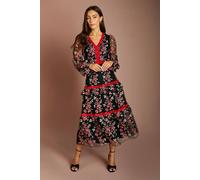 Coast Women's Embroidered Mesh Long Sleeve V Neck Midi Dress in Black | Size: 8 Coast Black 8
