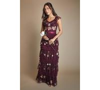 Coast Women's Embroidered Mesh Ruffle Pleat Maxi Bridesmaid Dress in Malbec | Size: 12