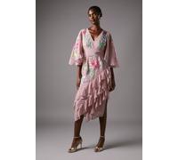 Coast Women's Embroidered Midi Dress With Ruffles in Nude | Size: 8 Coast Nude 8