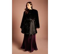 Coast Women's Faux Fur Satin Tie Waist Occasion Coat in Black | Size: 12
