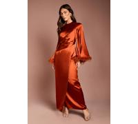 Coast Women's Feather Trim Satin Maxi Dress in Rust | Size: 14 Coast Rust 14