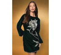Coast Women's Flare Sleeve Velvet Floral Embellished Mini Dress in Emerald | Size: 8