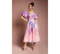 Coast Women's Floral Print Organza Puff Sleeve Midi Dress in Pink | Size: 12