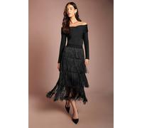 Coast Women's Fringed Tiered Midi Skirt in Black | Size: 10