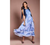 Coast Women's Halter Neck Bow Shoulder Placement Print Organza Midi Dress in Blue | Size: 8 Coast Blue 8
