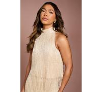 Coast Women's High Neck Embellished Fringe Top in Champagne | Size: 8