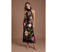 Coast Women's High Neck Midi Dress With Floral Embroidery in Black | Size: 18