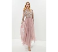 Coast Women's Honoured Long Sleeve Sequin Bodice Tulle Skirt Maxi Bridesmaid Dress in Blush | Size: 12 Coast Blush 12
