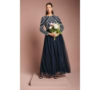 Coast Women's Honoured Long Sleeve Sequin Bodice Tulle Skirt Maxi Bridesmaid Dress in Navy | Size: 12 Coast Navy 12