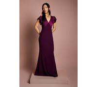 Coast Women's Honoured V Neck Angel Short Sleeve Satin Maxi Bridesmaid Dress in Fig | Size: 10 Coast Fig 10