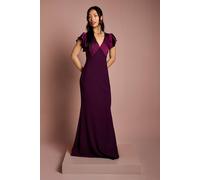 Coast Women's Honoured V Neck Angel Short Sleeve Satin Maxi Bridesmaid Dress in Fig | Size: 18