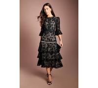 Coast Women's Lace Tiered Skirt 3/4 Sleeve Midi Dress in Black/Nude | Size: 16