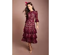 Coast Women's Lace Tiered Skirt 3/4 Sleeve Midi Dress in Plum | Size: 10
