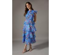 Coast Women's Lace Trim Tiered Organza Midi Dress in Blue | Size: 14