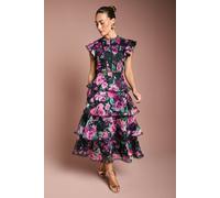Coast Women's Lace Trim Tiered Organza Midi Dress in Navy | Size: 10