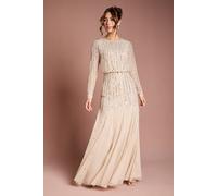 Coast Women's Linear Sequin Embellished Long Sleeve Maxi Dress in Champagne | Size: 8 Coast Champagne 8