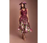 Coast Women's Lisa Tan Bow Shoulder Wrap Top Printed Organza Jacquard Midi Dress in Berry | Size: 12 Coast Berry 12