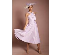 Coast Women's Lisa Tan Cross Neck Structured Satin Bow Detail Midi Dress in Lilac | Size: 18