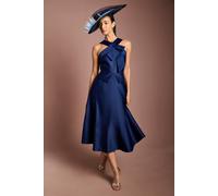 Coast Women's Lisa Tan Cross Neck Structured Satin Bow Detail Midi Dress in Navy | Size: 16 Coast Navy 16