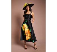 Coast Women's Lisa Tan Floral Placement Print Belted Midi Dress in Black | Size: 10