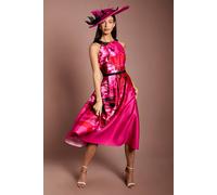 Coast Women's Lisa Tan Halterneck Large Floral Full Skirted Midi Dress in Magenta | Size: 14