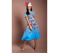 Coast Women's Lisa Tan Lace Printed Pleated Midi Dress in Blue | Size: 14