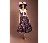 Coast Women's Lisa Tan Polka Dot Collared V Neck Crepe Midi Dress in Espresso | Size: 16