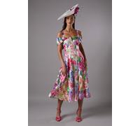 Coast Lisa Tan Printed Organza Bardot Midi Dress, 10, Multi