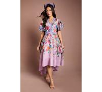 Coast Women's Lisa Tan Statement Shoulder High Low Printed Midi Dress in Pink | Size: 12