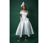 Lisa Tan Twill Bardot Waisted Midi Wedding Dress Coast Ivory 8
