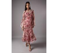 Coast Women's Long Sleeve Applique Floral Midi Dress in Pink | Size: 10