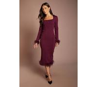 Coast Women's Long Sleeve Bandage Pencil Midi Dress With Feather Hem in Burgundy | Size: 8