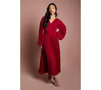 Coast Women's Long Sleeve Chiffon Pleated Wrap Midi Dress in Berry | Size: 12 Coast Berry 12
