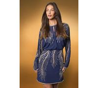Coast Women's Long Sleeve Placement Feather Embellished Mini Dress in Navy | Size: 10 Coast Navy 10