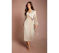 Coast Women's Metallic Blouson Sleeve Tie Wrap Pleated Midi Dress in Gold | Size: 14