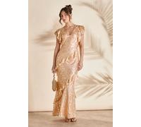 Metallic Jacquard Frill Midi Dress Coast Apricot 8